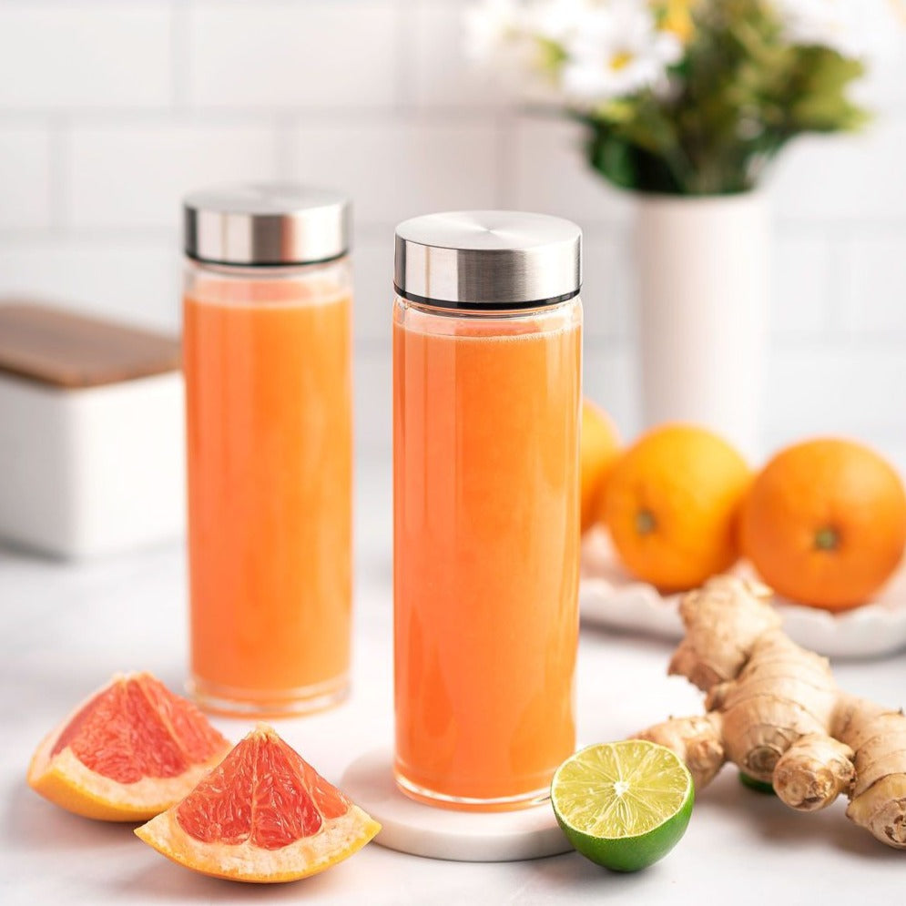 Skinny Series Wide Mouth Glass Bottles Set w/ Stainless Steel Lids, 16 oz